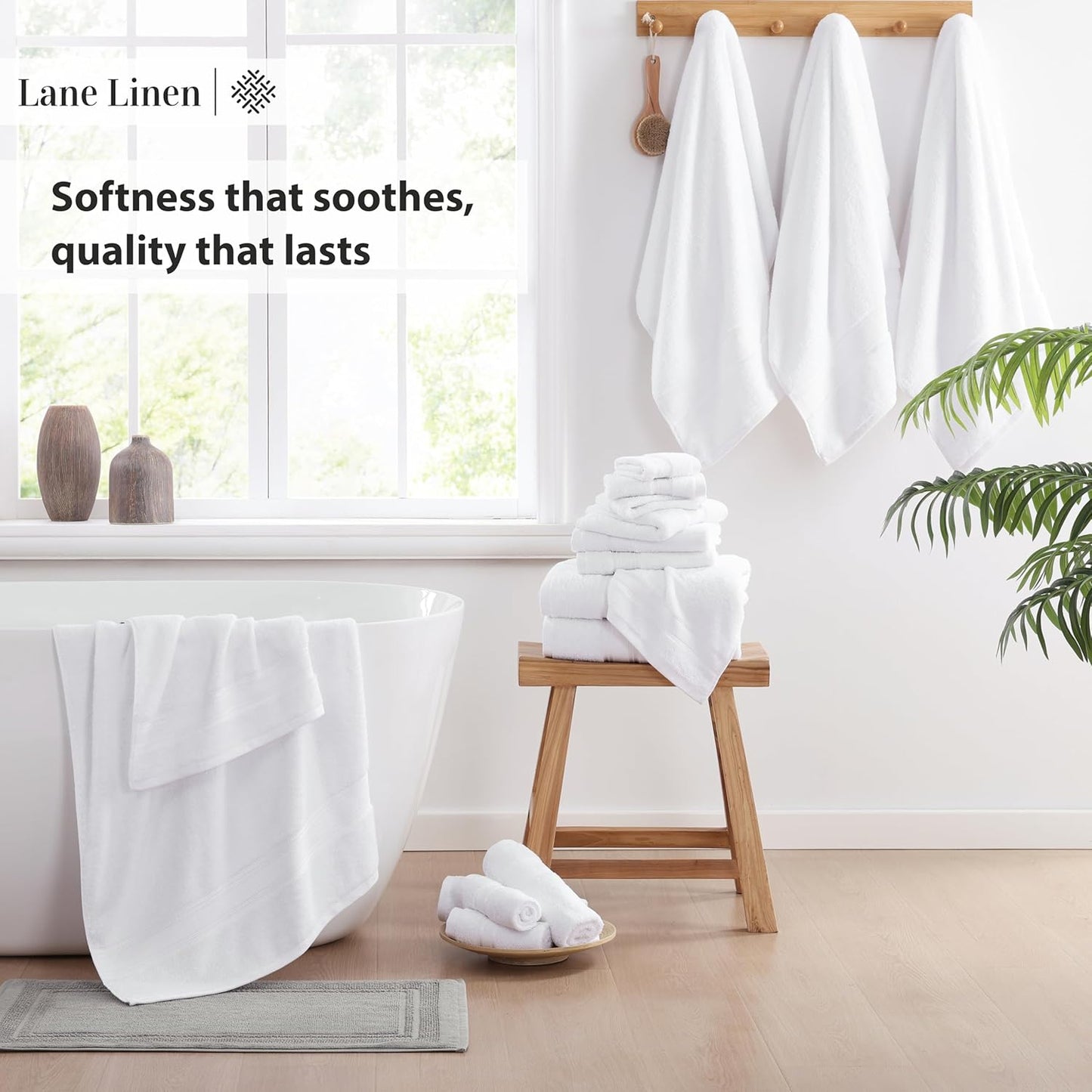 LANE LINEN 100% Mercerized Cotton Luxury Bathroom Towel Set - 18 Pcs - Super Soft, Fluffy & Highly Absorbent - 6 Bath Towels, 6 Washcloths, 6 Hand Towels - Complete Family Pack - White Bath Towel Set