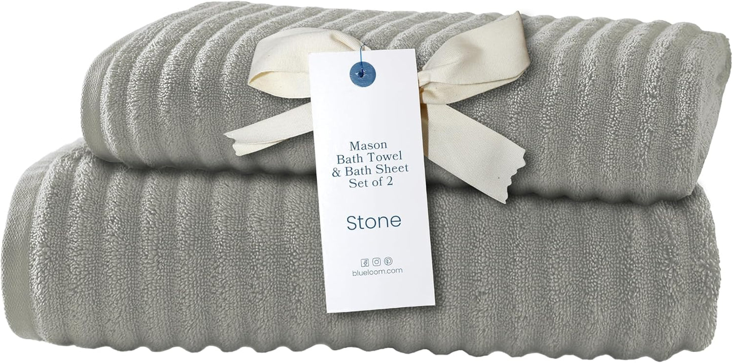 Ribbed Bath Sheet & Towel, 100% Cotton 600 GSM, Soft Absorbent Durable Quick Drying Bath Sheet & Bath Towel Set for Bathroom - Mason Set of 2 Stone Grey (65" x 45" & 58" x 30")