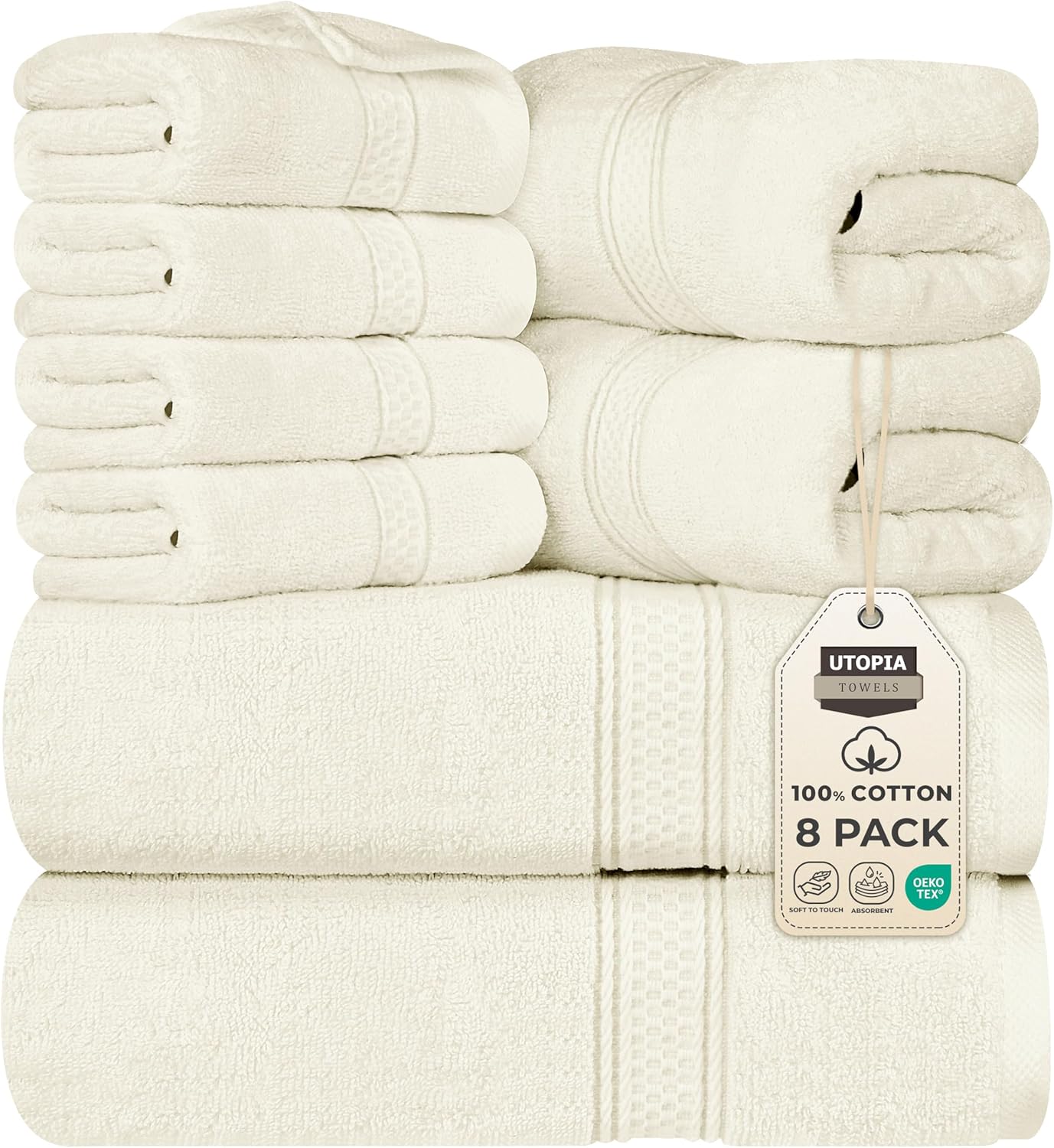 Utopia Towels 8 Piece Premium Towel Set, 2 Bath, 2 Hand, and 4 Wash Cloths, 600 GSM 100% Ring Spun Cotton, Highly Absorbent Towels for Bathroom, Gym, Hotel, and Spa, Grey
