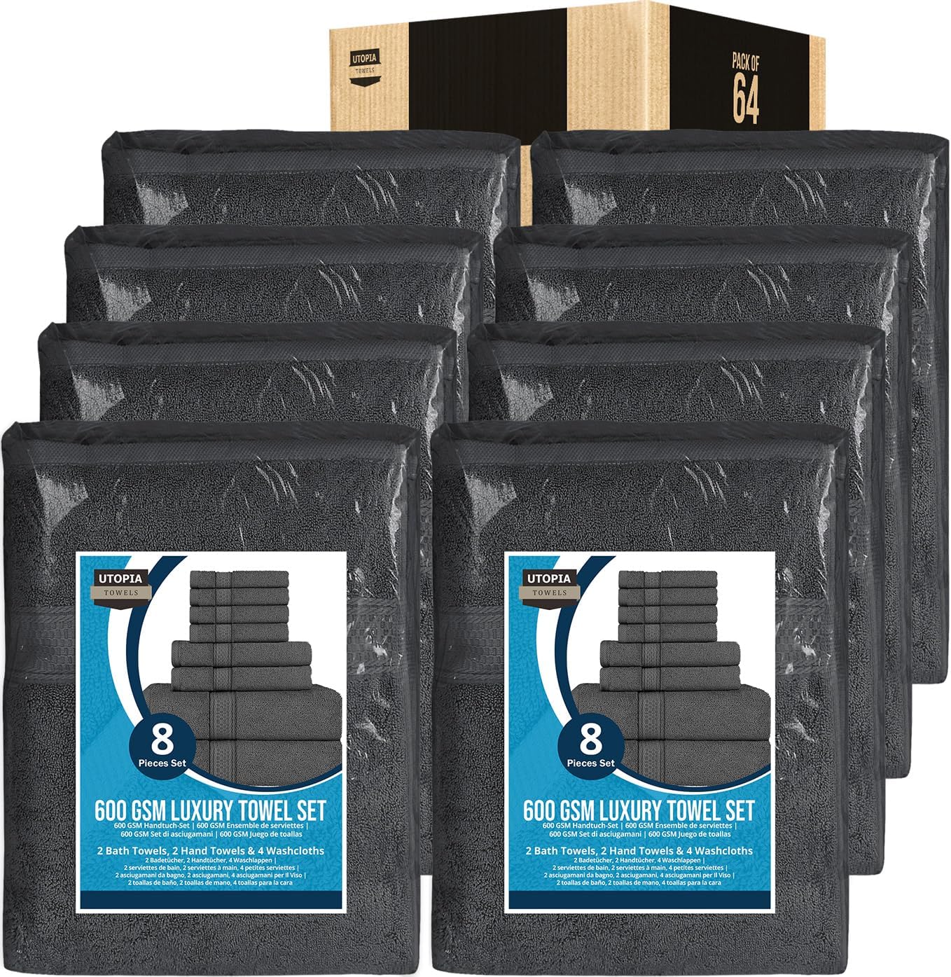 Utopia Towels 8 Piece Premium Towel Set, 2 Bath, 2 Hand, and 4 Wash Cloths, 600 GSM 100% Ring Spun Cotton, Highly Absorbent Towels for Bathroom, Gym, Hotel, and Spa, Grey