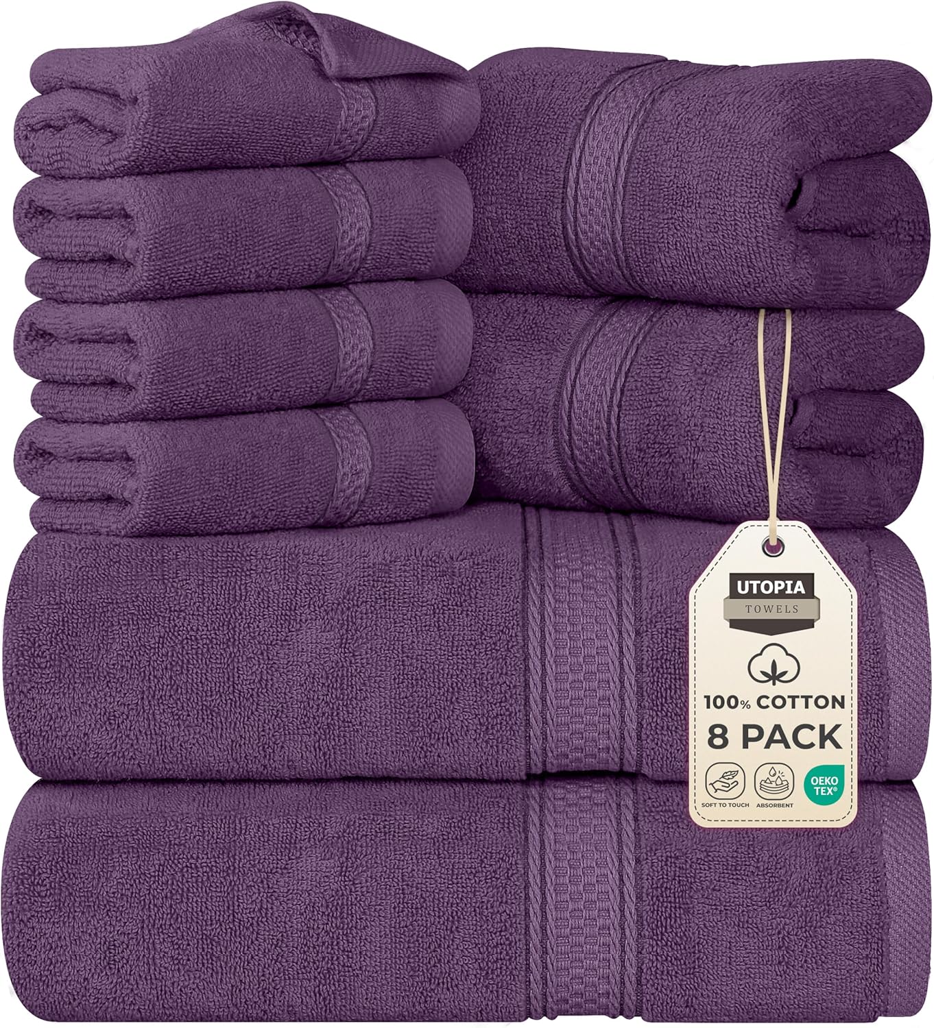Utopia Towels 8 Piece Premium Towel Set, 2 Bath, 2 Hand, and 4 Wash Cloths, 600 GSM 100% Ring Spun Cotton, Highly Absorbent Towels for Bathroom, Gym, Hotel, and Spa, Grey