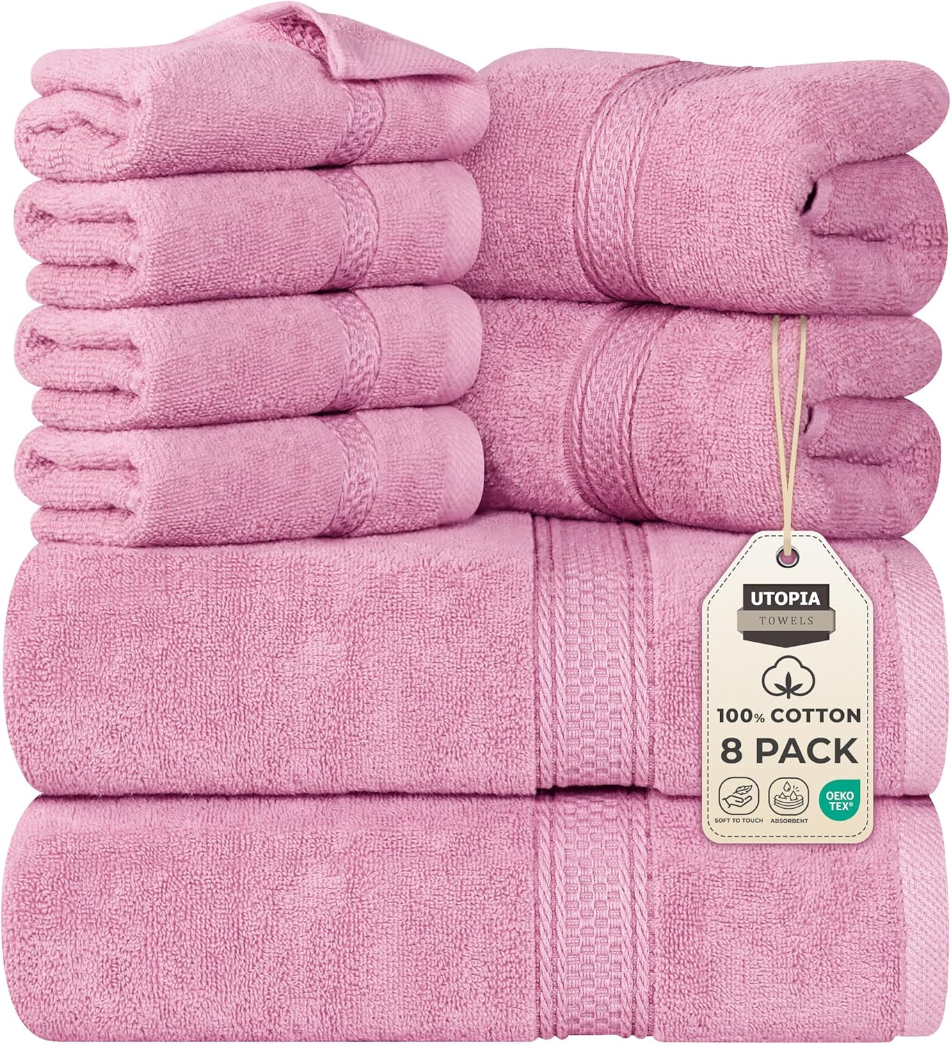 Utopia Towels 8 Piece Premium Towel Set, 2 Bath, 2 Hand, and 4 Wash Cloths, 600 GSM 100% Ring Spun Cotton, Highly Absorbent Towels for Bathroom, Gym, Hotel, and Spa, Grey