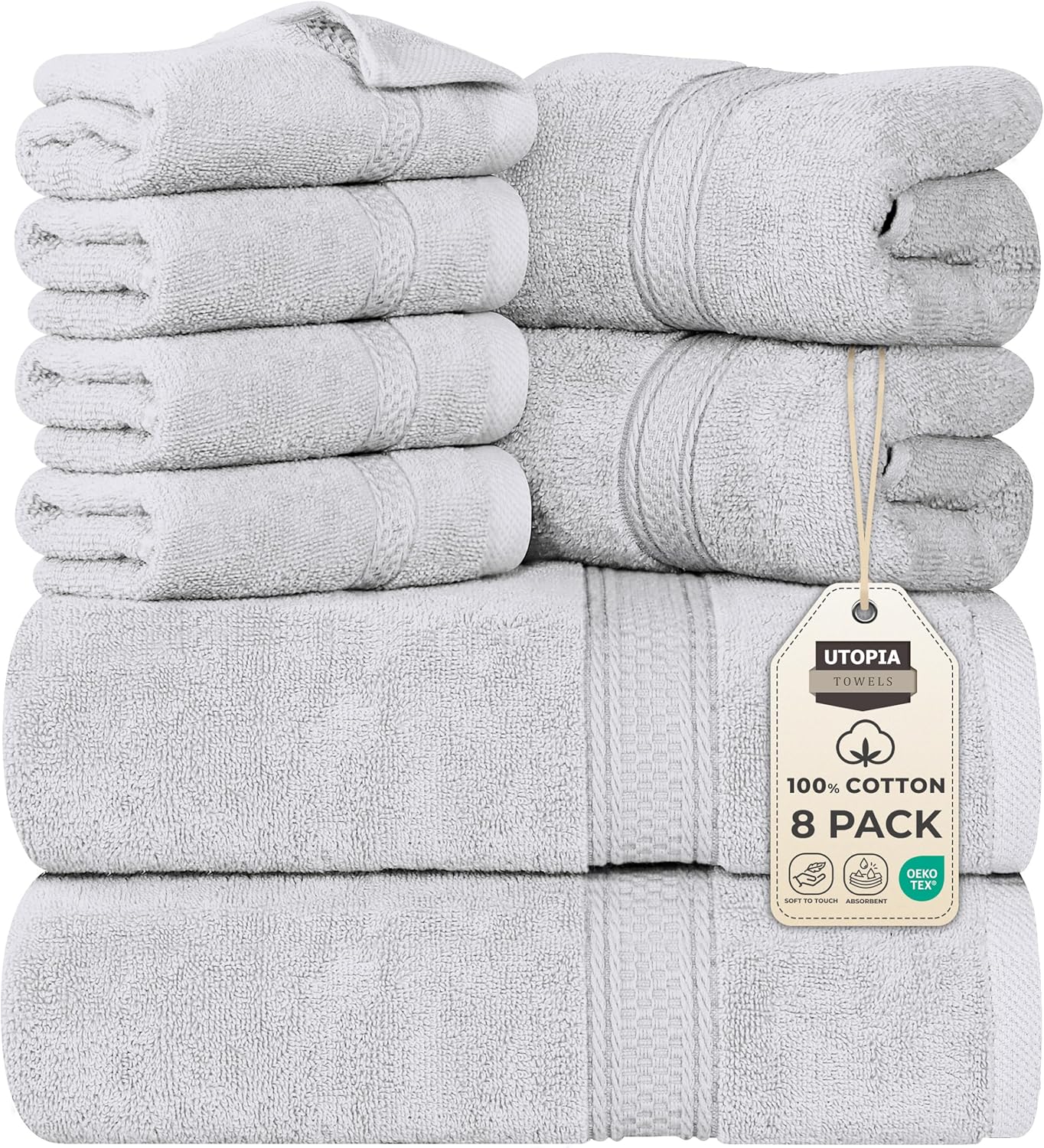 Utopia Towels 8 Piece Premium Towel Set, 2 Bath, 2 Hand, and 4 Wash Cloths, 600 GSM 100% Ring Spun Cotton, Highly Absorbent Towels for Bathroom, Gym, Hotel, and Spa, Grey