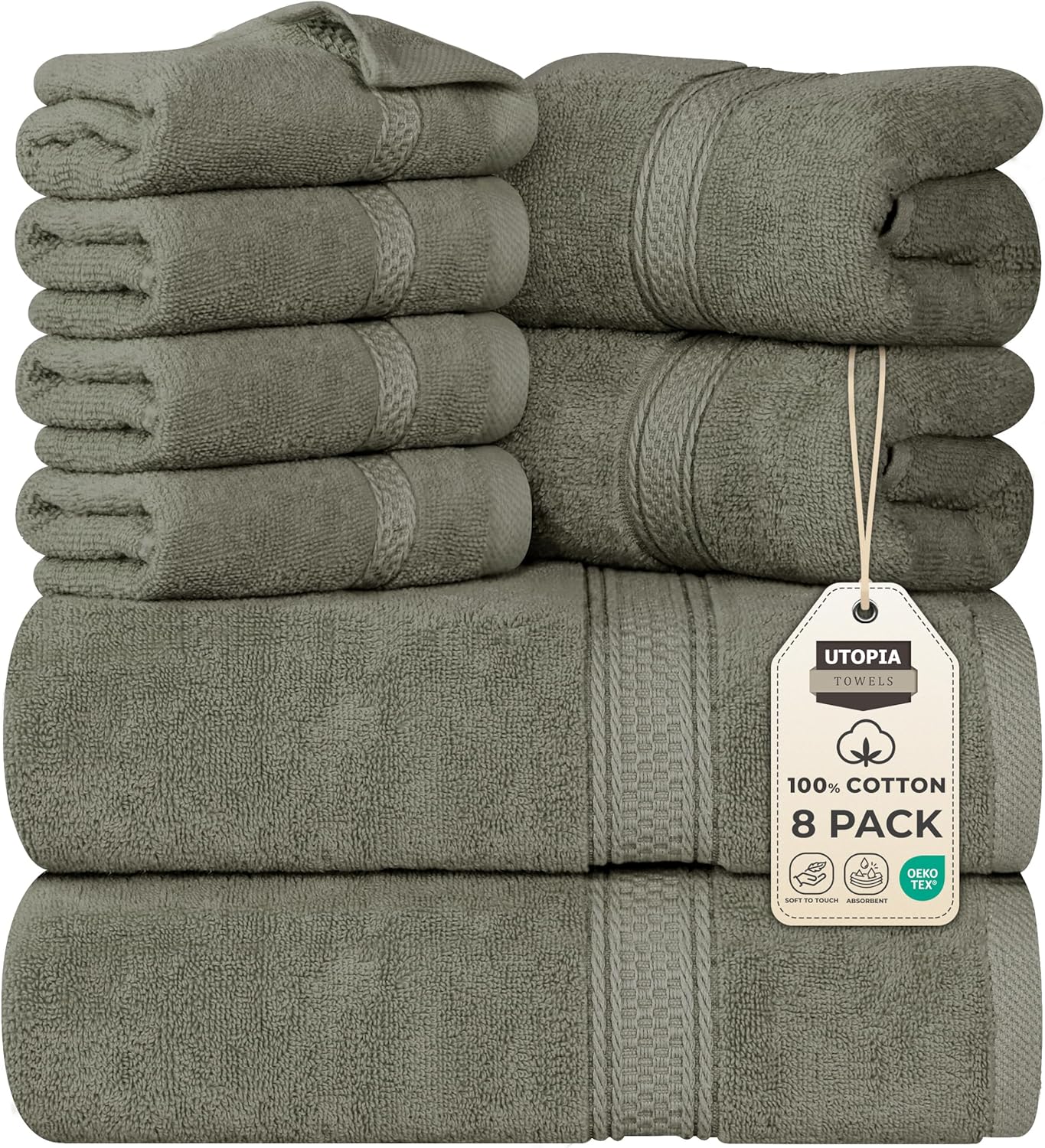 Utopia Towels 8 Piece Premium Towel Set, 2 Bath, 2 Hand, and 4 Wash Cloths, 600 GSM 100% Ring Spun Cotton, Highly Absorbent Towels for Bathroom, Gym, Hotel, and Spa, Grey