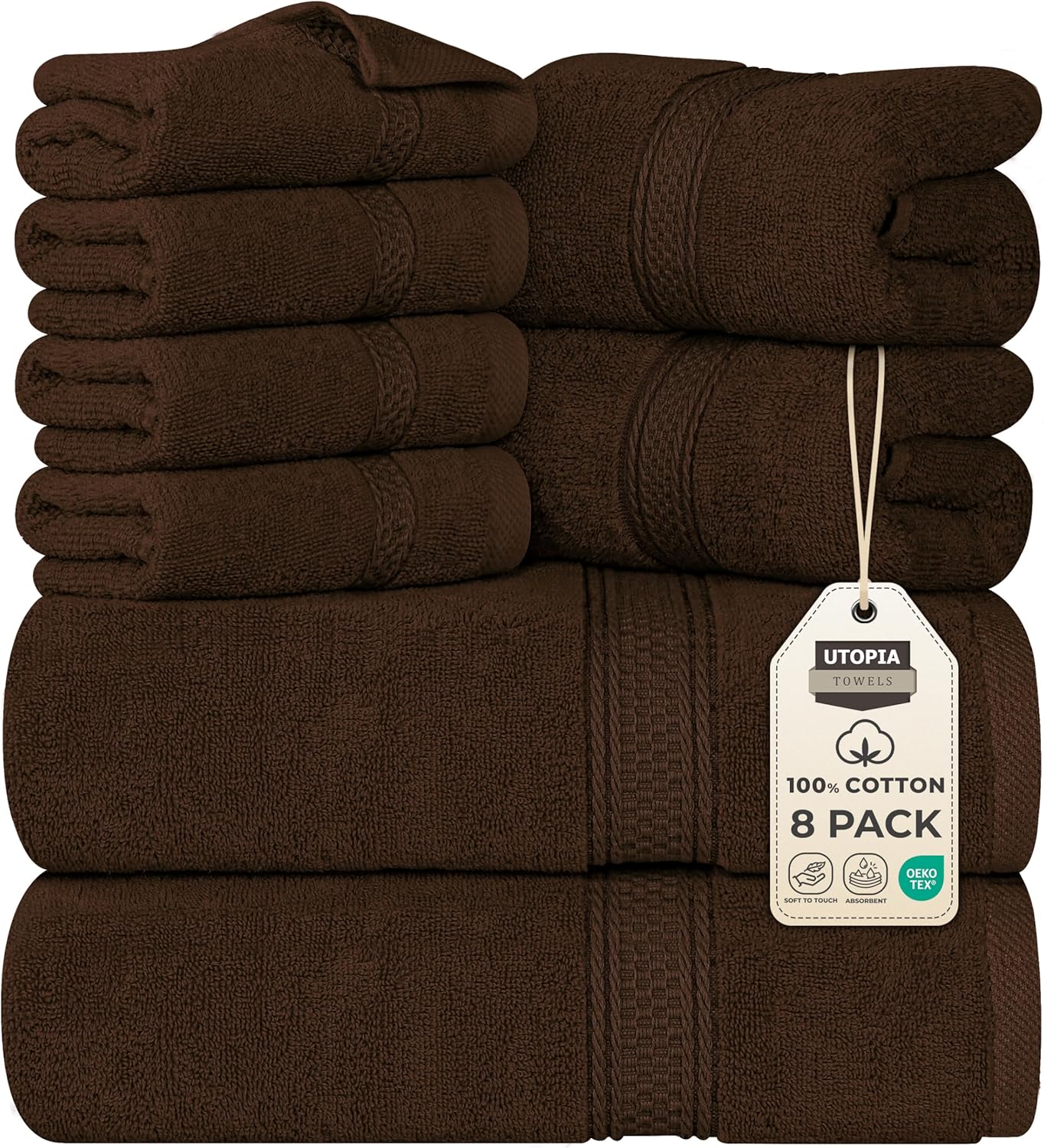 Utopia Towels 8 Piece Premium Towel Set, 2 Bath, 2 Hand, and 4 Wash Cloths, 600 GSM 100% Ring Spun Cotton, Highly Absorbent Towels for Bathroom, Gym, Hotel, and Spa, Grey
