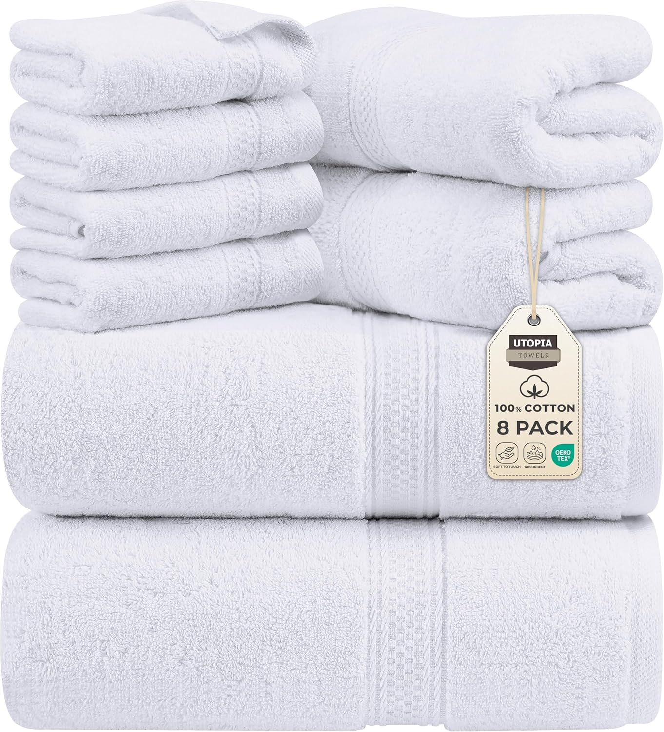 Utopia Towels 8 Piece Premium Towel Set, 2 Bath, 2 Hand, and 4 Wash Cloths, 600 GSM 100% Ring Spun Cotton, Highly Absorbent Towels for Bathroom, Gym, Hotel, and Spa, Grey