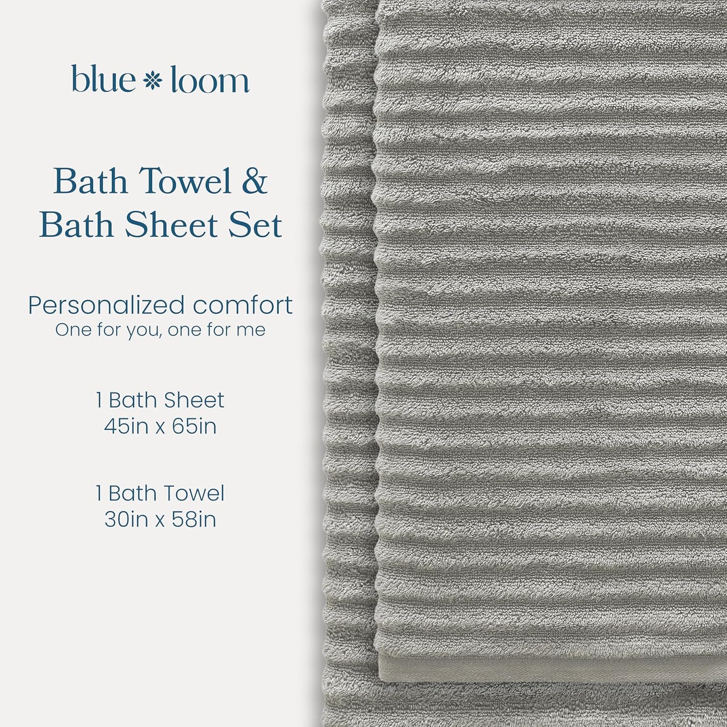 Ribbed Bath Sheet & Towel, 100% Cotton 600 GSM, Soft Absorbent Durable Quick Drying Bath Sheet & Bath Towel Set for Bathroom - Mason Set of 2 Stone Grey (65" x 45" & 58" x 30")