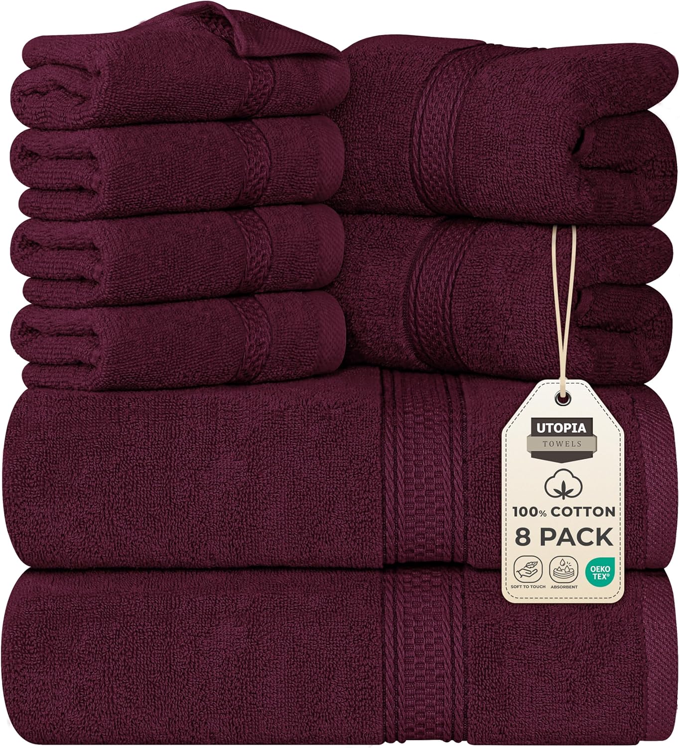 Utopia Towels 8 Piece Premium Towel Set, 2 Bath, 2 Hand, and 4 Wash Cloths, 600 GSM 100% Ring Spun Cotton, Highly Absorbent Towels for Bathroom, Gym, Hotel, and Spa, Grey