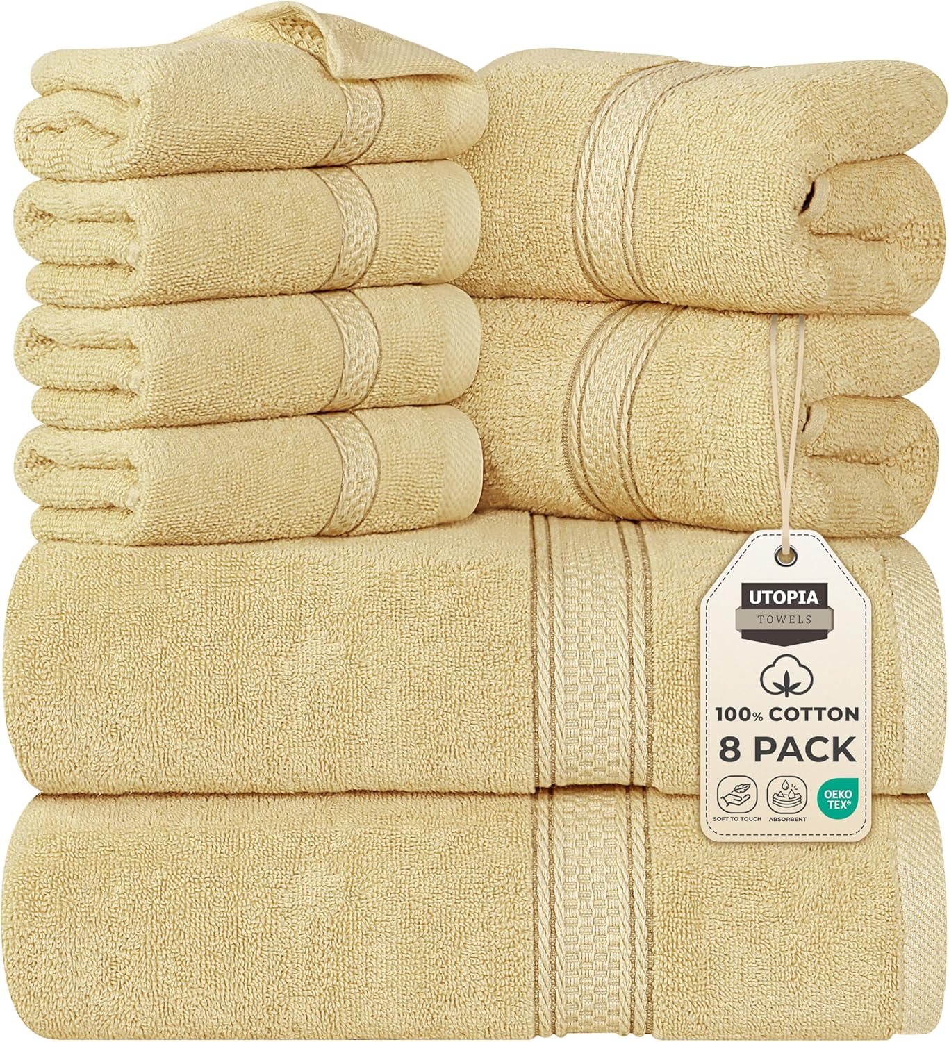 Utopia Towels 8 Piece Premium Towel Set, 2 Bath, 2 Hand, and 4 Wash Cloths, 600 GSM 100% Ring Spun Cotton, Highly Absorbent Towels for Bathroom, Gym, Hotel, and Spa, Grey