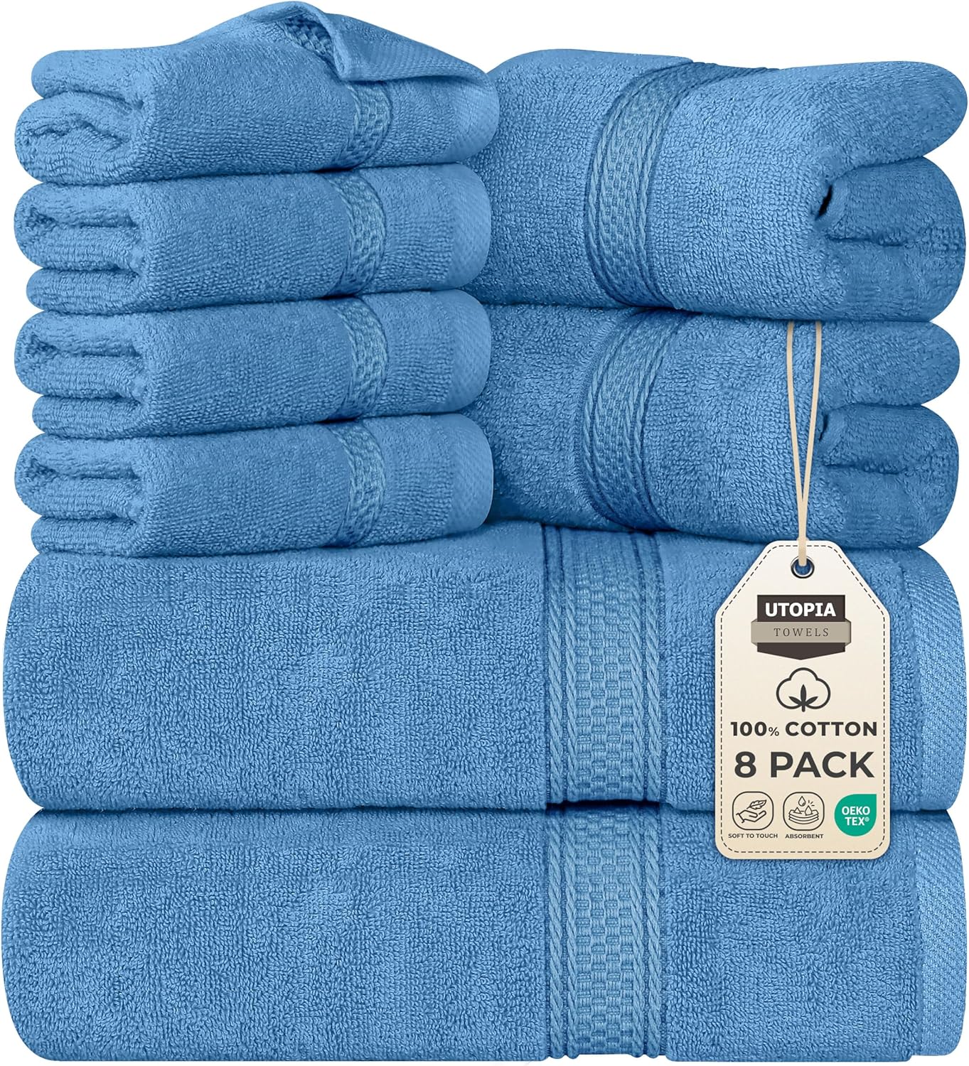 Utopia Towels 8 Piece Premium Towel Set, 2 Bath, 2 Hand, and 4 Wash Cloths, 600 GSM 100% Ring Spun Cotton, Highly Absorbent Towels for Bathroom, Gym, Hotel, and Spa, Grey