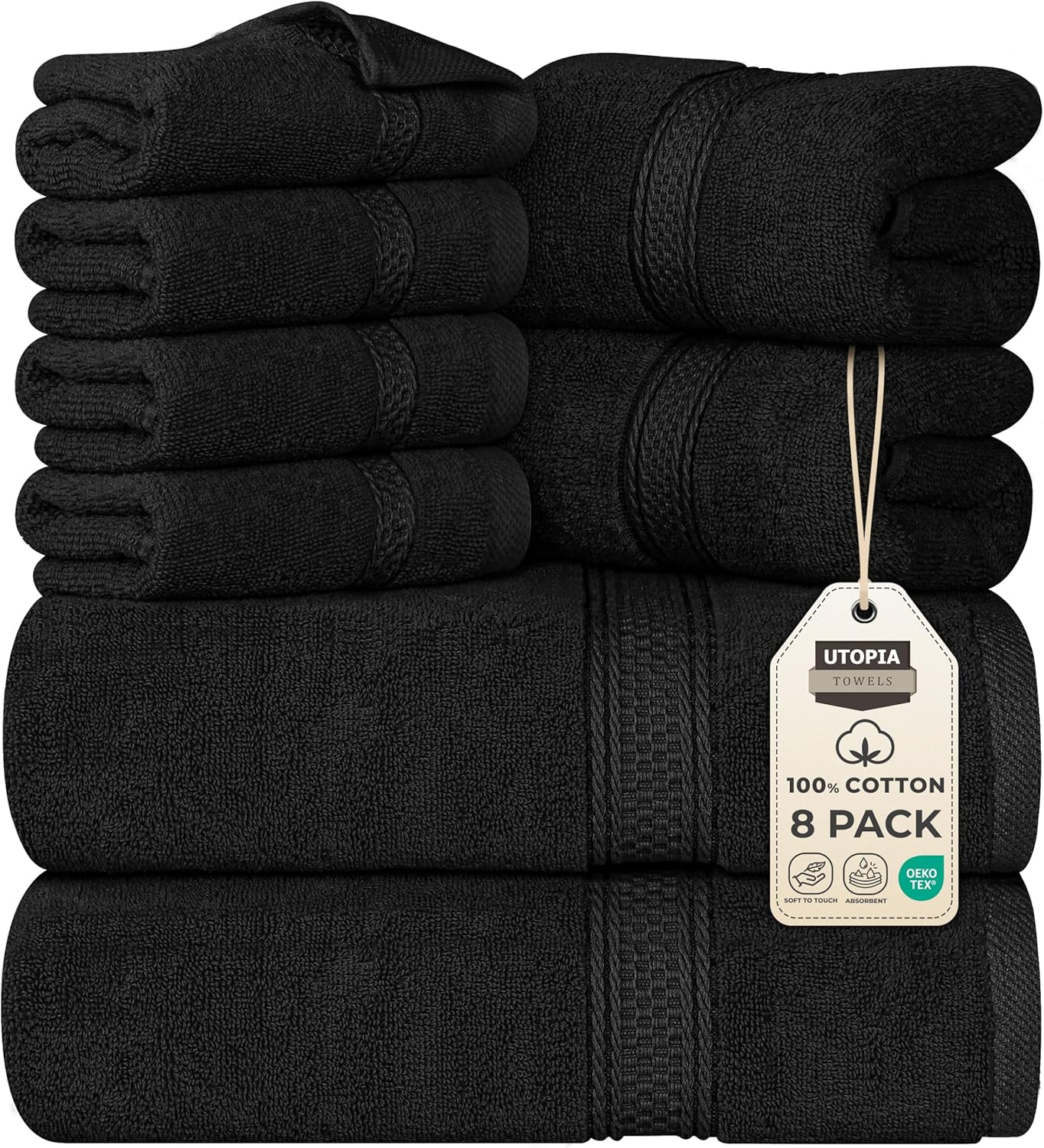 Utopia Towels 8 Piece Premium Towel Set, 2 Bath, 2 Hand, and 4 Wash Cloths, 600 GSM 100% Ring Spun Cotton, Highly Absorbent Towels for Bathroom, Gym, Hotel, and Spa, Grey