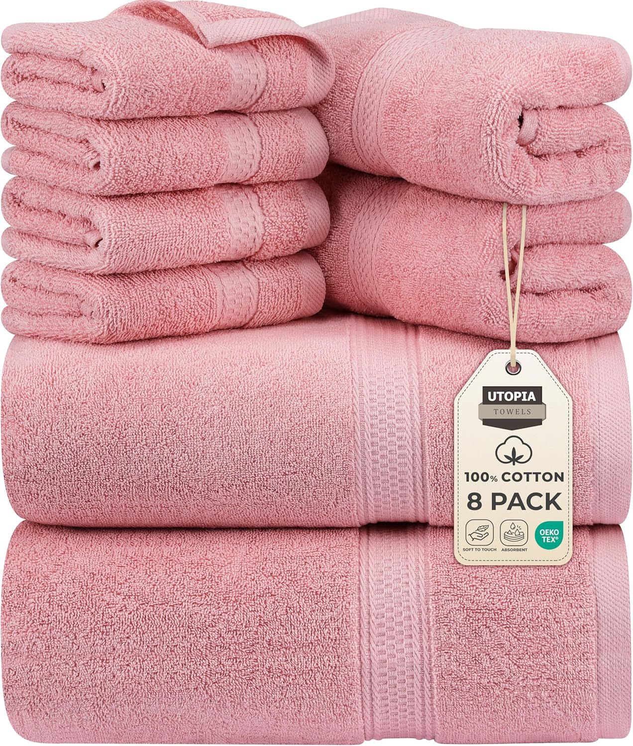 Utopia Towels 8 Piece Premium Towel Set, 2 Bath, 2 Hand, and 4 Wash Cloths, 600 GSM 100% Ring Spun Cotton, Highly Absorbent Towels for Bathroom, Gym, Hotel, and Spa, Grey