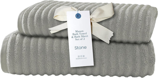 Ribbed Bath Sheet & Towel, 100% Cotton 600 GSM, Soft Absorbent Durable Quick Drying Bath Sheet & Bath Towel Set for Bathroom - Mason Set of 2 Stone Grey (65" x 45" & 58" x 30")
