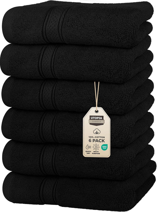Utopia Towels 6 Pack Premium Hand Towels Set, 16 by 28 inches, 100% Ring Spun Cotton, Ultra Soft and Highly Absorbent 600GSM Towels for Bathroom, Gym, Shower, Hotel, and Spa, Black