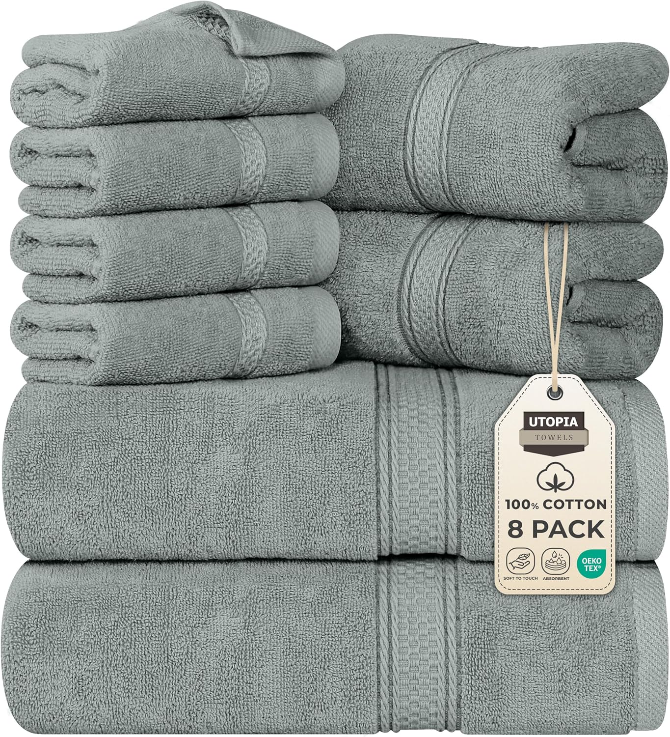 Utopia Towels 8 Piece Premium Towel Set, 2 Bath, 2 Hand, and 4 Wash Cloths, 600 GSM 100% Ring Spun Cotton, Highly Absorbent Towels for Bathroom, Gym, Hotel, and Spa, Grey
